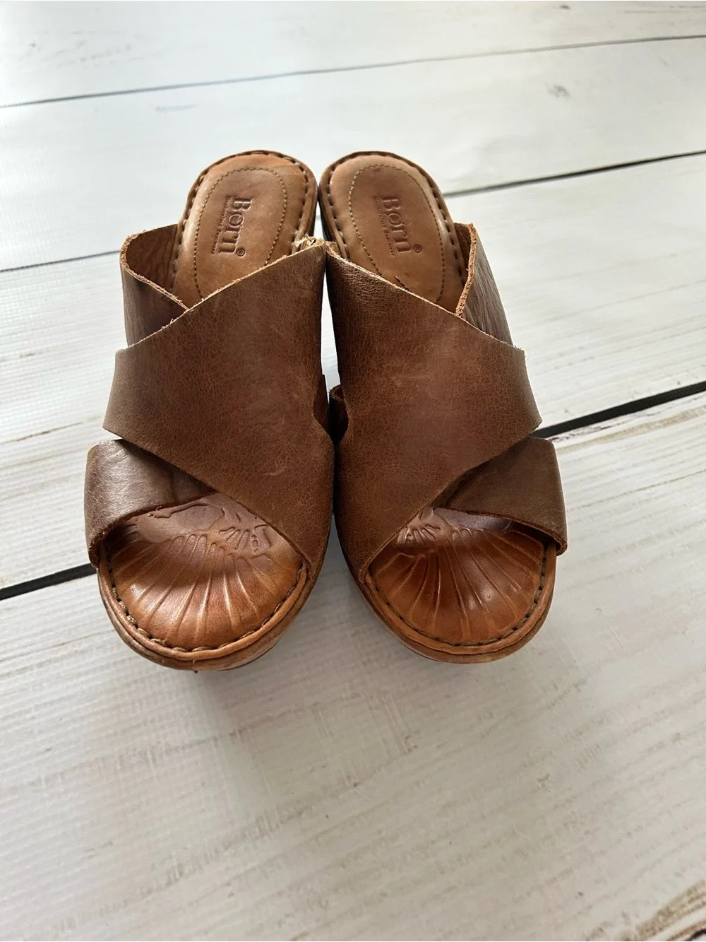 Born Tan Brown Leather Crossover Wedge Sandals